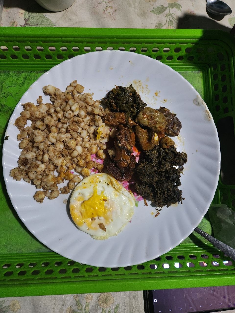Maize Samp, Fried Egg, Chicken Liver, Nyeve in Peanut Butter